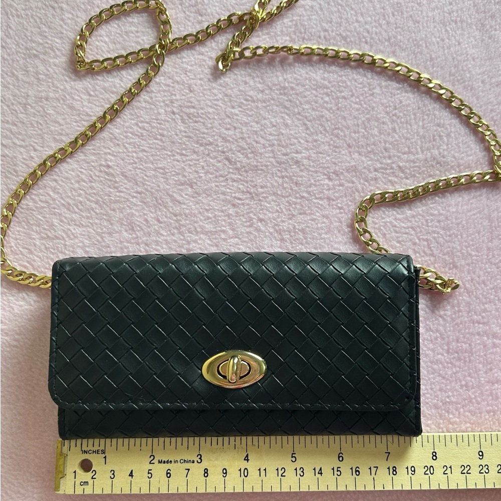 Elegant Black Woven Clutch with Gold Chain